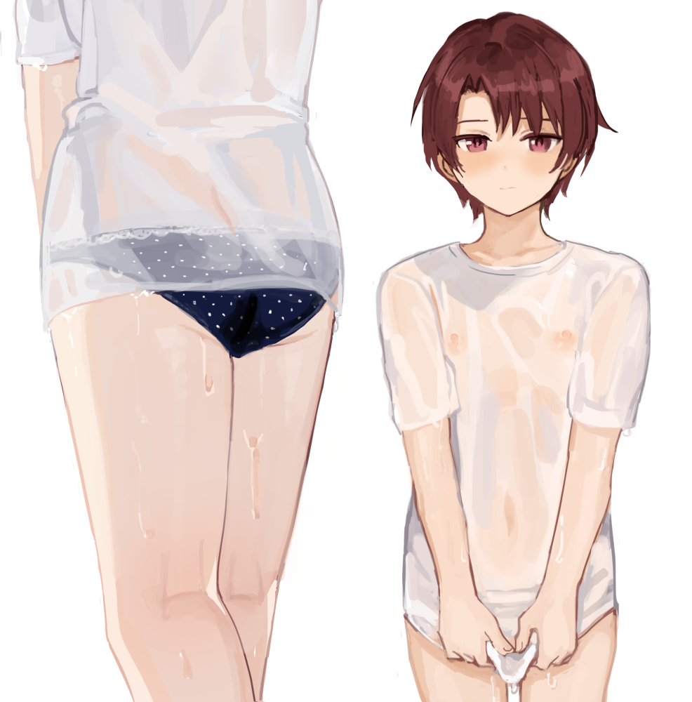 sunaba (nczd5875), original, 1boy, ass, between legs, bishounen, blush, brown eyes, brown hair, clothes pull, from behind, half-closed eyes, hand between legs, looking at viewer, male focus, multiple views, panties, shirt, short hair, simple background, solo, thighs, underwear, wet, wet clothes, wet shirt, white background