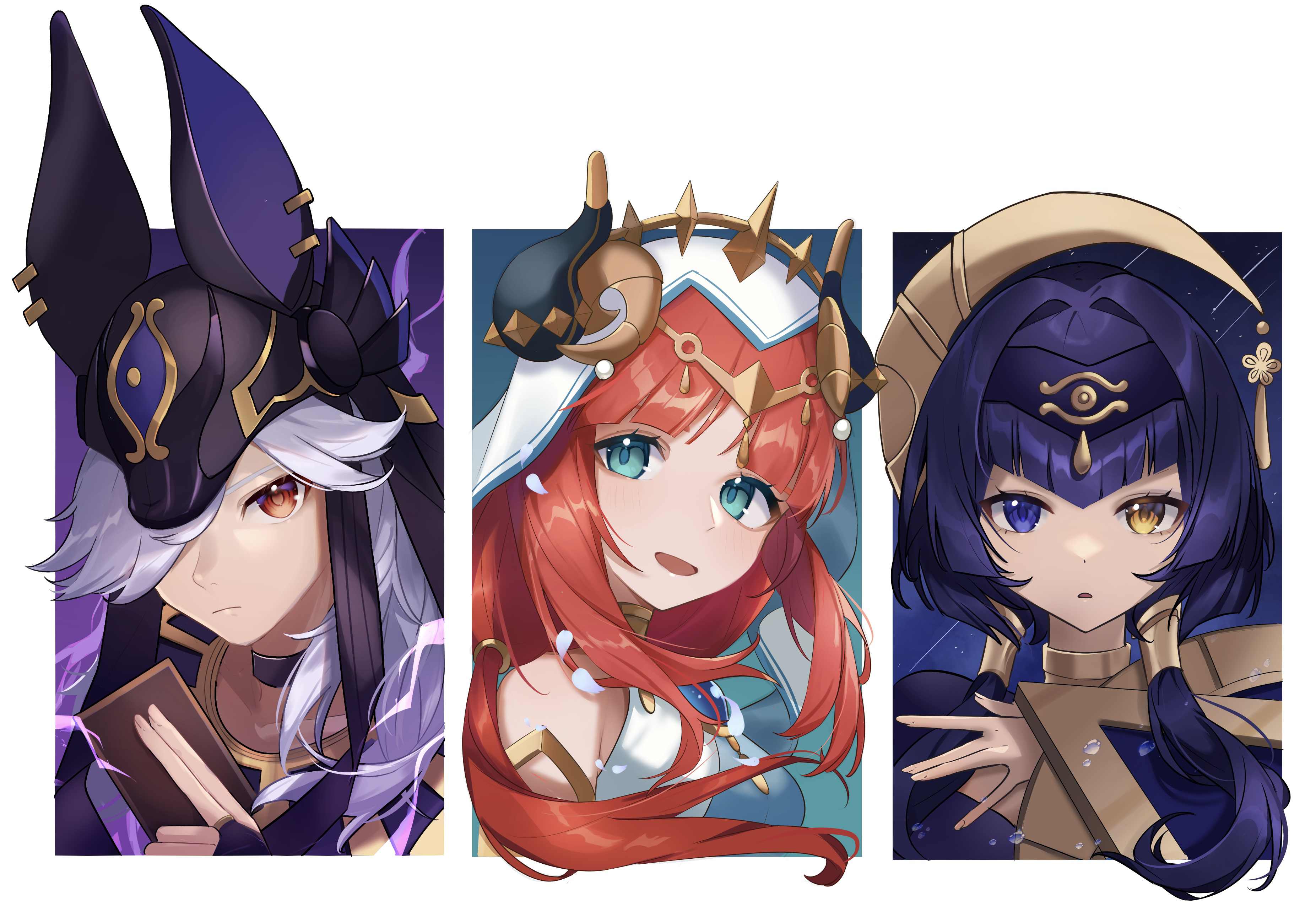 oyasumi (oyasumign8), candace (genshin impact), cyno (genshin impact), nilou (genshin impact), genshin impact, absurdres, commentary, highres, 1boy, 2girls, animal ears, animal ears helmet, animal helmet, aqua eyes, black horns, blue brooch, brooch, card, closed mouth, eye of horus, fake horns, grey hair, heterochromia, holding, holding card, horns, jackal ears, jewelry, looking at viewer, multiple girls, open mouth, parted lips, purple eyes, red eyes, veil, white background, white veil