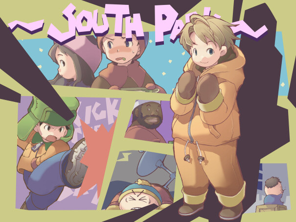 chef (south park), eric cartman, ike broflovski, jerome mcelroy, kenny mccormick, kyle broflovski, stan marsh, wendy testaburger, south park, 1girl, 6+boys, anal, animification, beanie, beard, blush, boots, box, brown hair, chef, coat, crossover, dark-skinned male, dark skin, earflap hat, eating, facial hair, gloves, hat, hat pompom, hood, kicking, looking at viewer, male focus, male penetrated, multiple boys, pants, parody, sitting, smile, standing, sweatdrop, zipper