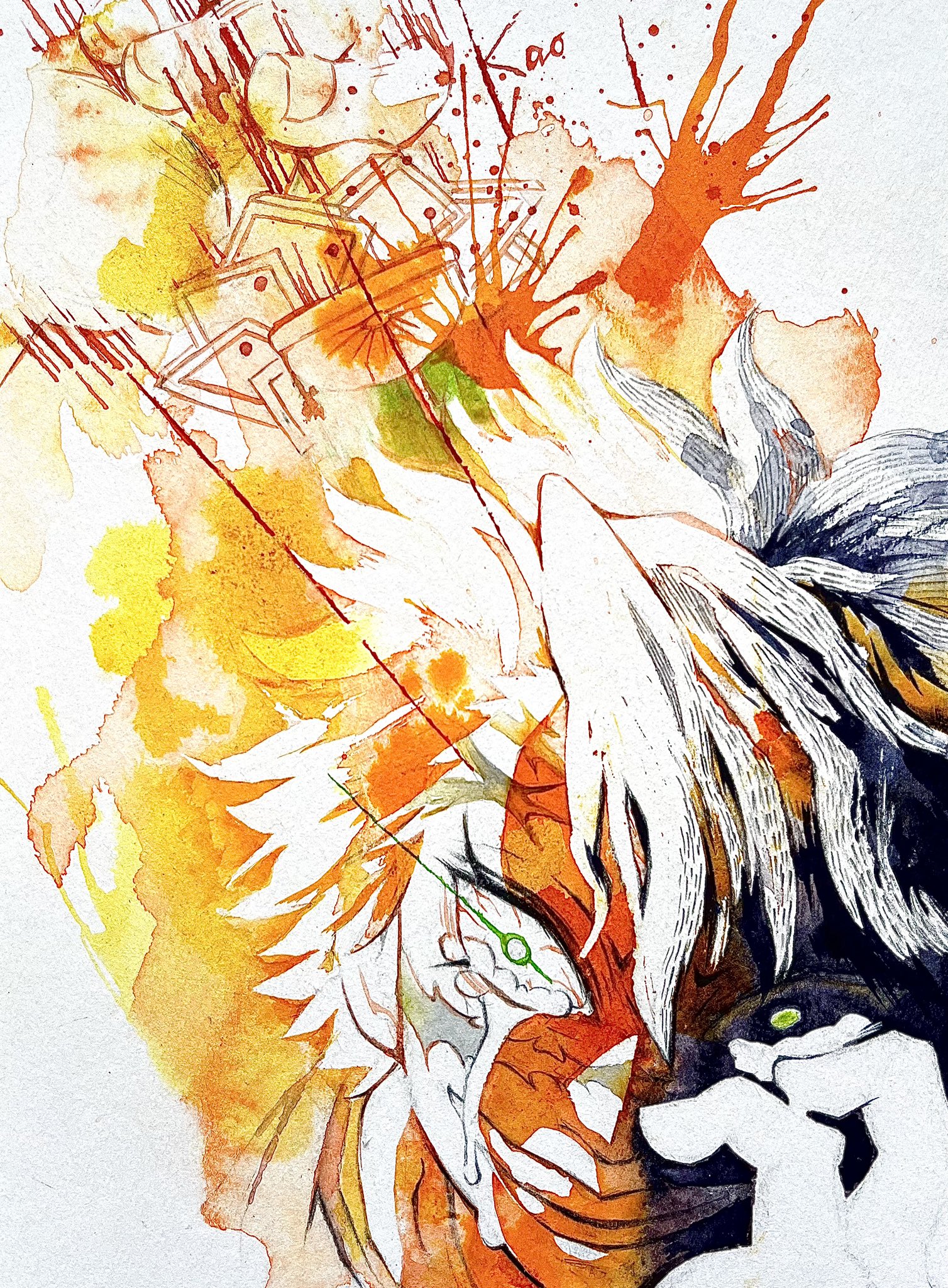 shinazugawa sanemi, kimetsu no yaiba, commentary request, highres, painting (medium), traditional media, watercolor (medium), 1boy, artist name, bloodshot eyes, bright pupils, close-up, crying, evil smile, green eyes, kao07642656, male focus, orange theme, partially shaded face, scar, scar on face, scar on forehead, scar on nose, shaded face, short hair, signature, simple background, smile, streaming tears, tears, white background, white hair