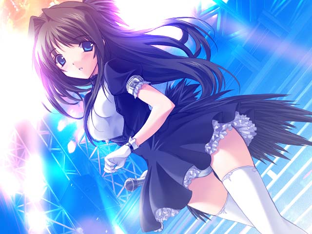 mutsumi masato, onigirikun, hibiki sanae, hibiki sanae (daibanchou), alice soft, dai (series), daibanchou, game cg, 1girl, black hair, blue eyes, dress, dutch angle, female focus, gloves, idol, lingerie, long hair, microphone, panties, pantyshot, petticoat, solo, stage, standing, thigh gap, thighhighs, thighs, underwear, white panties, white thighhighs