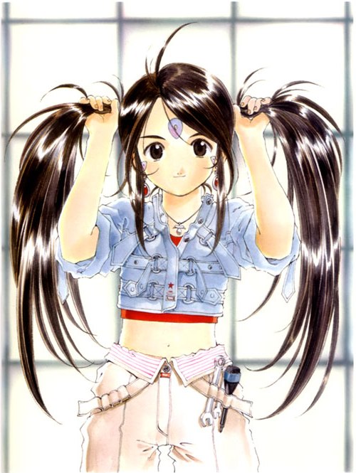 fujishima kousuke, skuld (aa megami-sama), aa megami-sama, 1990s (style), 1girl, black hair, earrings, facial mark, female focus, forehead mark, jewelry, long hair, retro artstyle, solo, tools, twintails