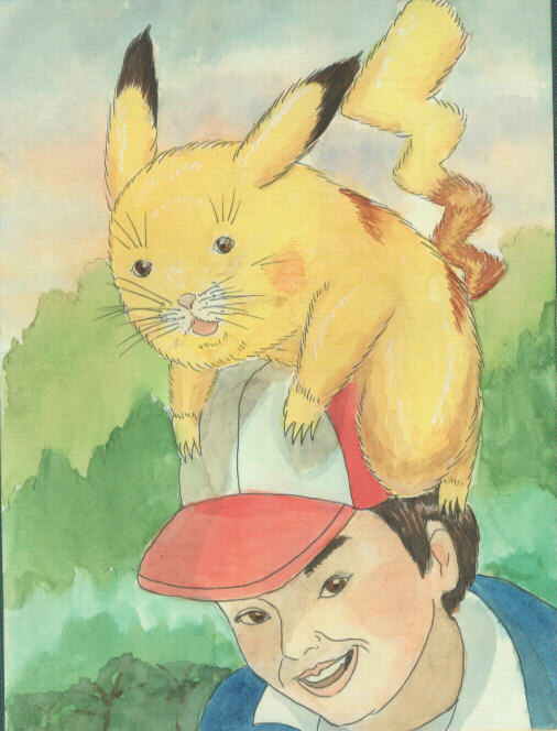 ash ketchum, pikachu, nintendo, pokemon, pokemon (anime), 1boy, baseball cap, brown eyes, brown hair, bush, child, communism, creepy, furry, furry male, gen 1 pokemon, hat, looking at viewer, male focus, on head, plant, pokemon (creature), pokemon on head, propaganda, realistic, tail, teeth, upper body, what, whiskers