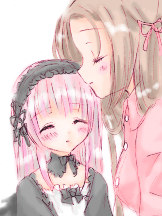 kakizaki megu, suigintou, rozen maiden, lowres, 00s, 2girls, ^ ^, age difference, black dress, blush, breasts, buttons, child, closed eyes, dress, frills, hairband, kiss, long hair, medium breasts, multiple girls, neck garter, onee-loli, pink dress, pink hair, simple background, upper body, white background, yuri