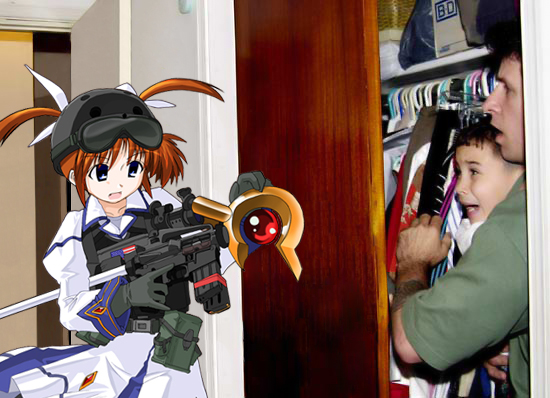 alan diaz, excel (gewalt), elian gonzalez, raising heart, takamachi nanoha, lyrical nanoha, mahou shoujo lyrical nanoha, real life, third-party edit, 00s, 1girl, blue dress, blue eyes, cowboy shot, dress, elian gonzales, gloves, goggles, goggles on head, gonzales, gun, hair ribbon, helmet, holster, magazine (weapon), magical girl, open mouth, orange hair, photo background, pocket, purple eyes, real life insert, red hair, ribbon, rod, room, staff, twintails, two side up, wavy mouth, weapon, what, white devil