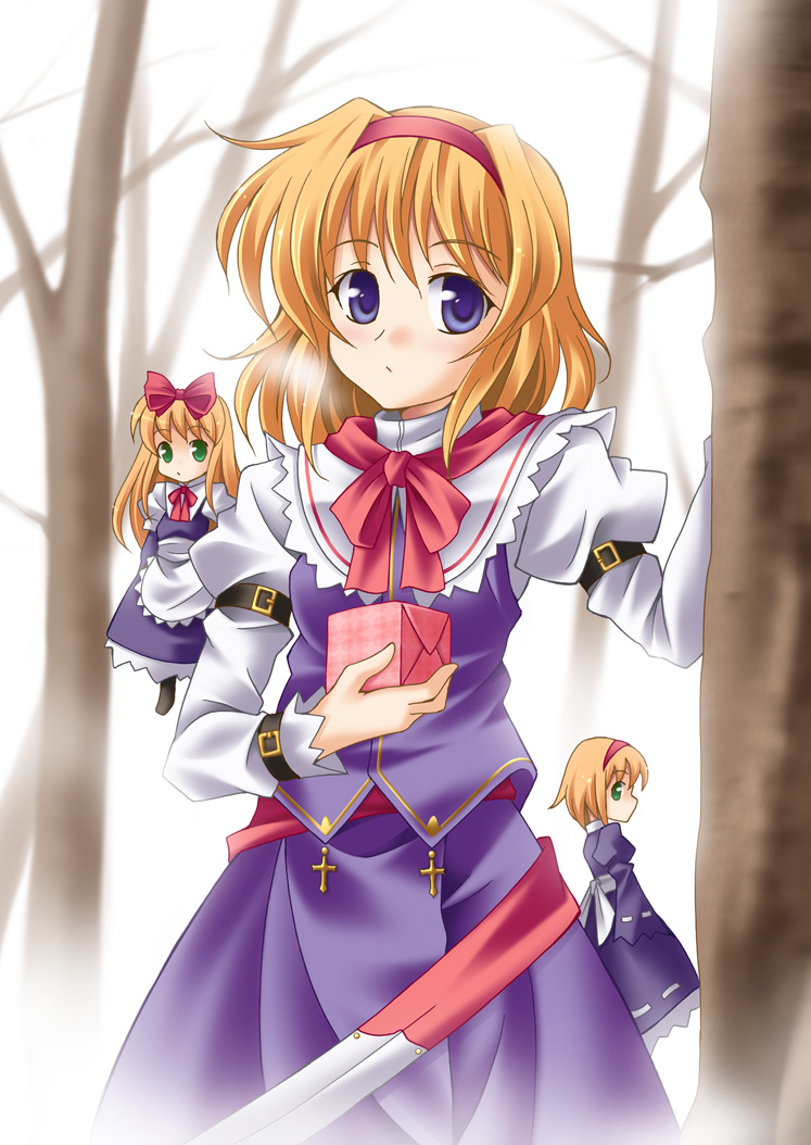 aoi masami, oumi marin, alice margatroid, hourai doll, shanghai doll, touhou, 1girl, apron, ascot, blonde hair, blue eyes, blue shirt, blue skirt, bow, buckle, capelet, cross, doll, dress, female focus, forest, gift, hair bow, hairband, long hair, mini person, minigirl, nature, outdoors, ribbon, shirt, short hair, skirt, solo