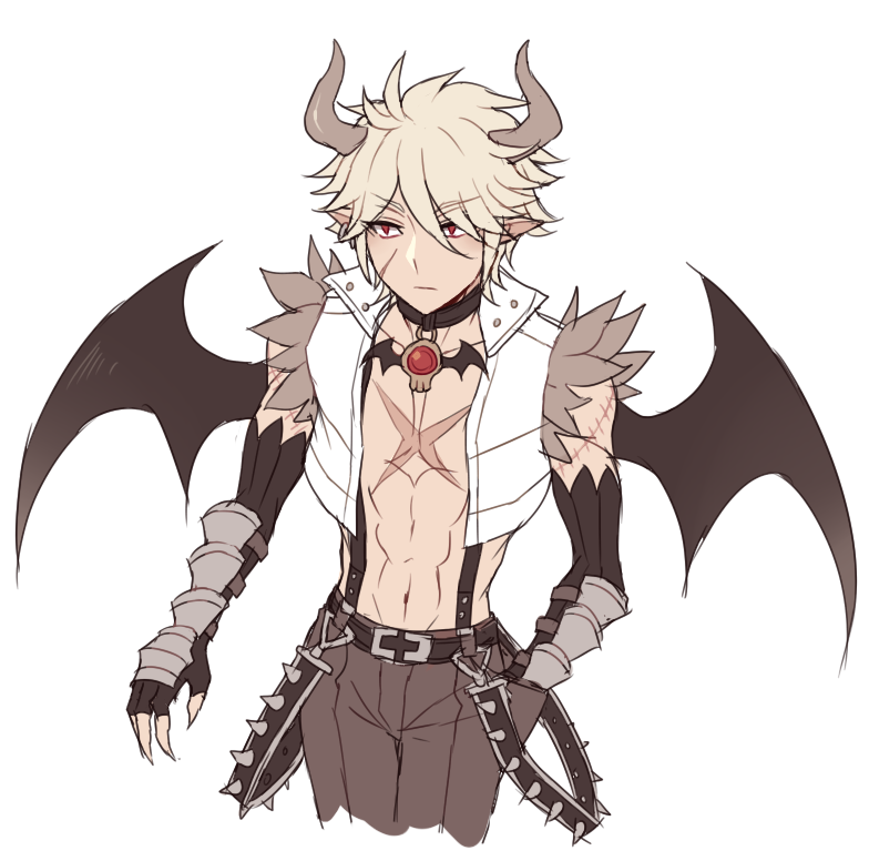 whitesmith (ragnarok online), ragnarok online, commentary, english commentary, 1boy, abs, astrarunia, belt, black belt, black gloves, black wings, blonde hair, brown horns, brown pants, closed mouth, cowboy shot, crop top, demon boy, demon horns, demon wings, expressionless, facial scar, fingerless gloves, fur-trimmed shirt, fur trim, gloves, hair between eyes, hand in pocket, horns, looking afar, male focus, navel, open clothes, open shirt, pants, red eyes, scar, scar on cheek, scar on chest, scar on face, shirt, short hair, simple background, sleeveless, sleeveless shirt, solo, stitches, suspenders, toned, toned male, vambraces, white background, white shirt, wings