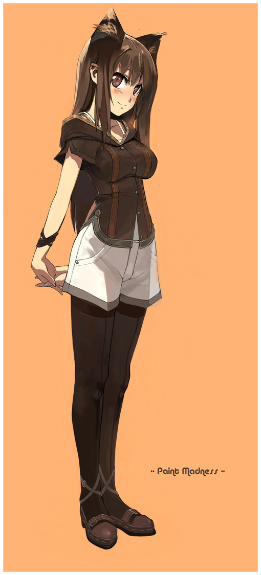 morii shizuki, 1girl, animal ears, arms behind back, blush, brown eyes, brown hair, cat ears, cat girl, female focus, long hair, pantyhose, pantyhose under shorts, shoes, shorts, simple background, smile, solo