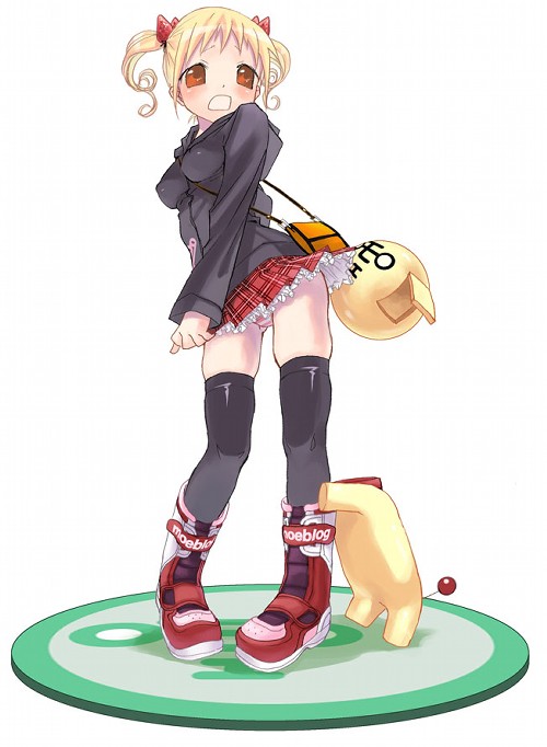 kuroda bb, fii-tan, fii-tan the figure, 1girl, black thighhighs, blonde hair, boots, brown eyes, female focus, hair ornament, lingerie, long sleeves, miniskirt, panties, pantyshot, petticoat, plaid clothes, plaid skirt, red panties, shirt, short hair, short twintails, skirt, solo, standing, striped clothes, striped panties, thighhighs, twintails, underwear, upskirt