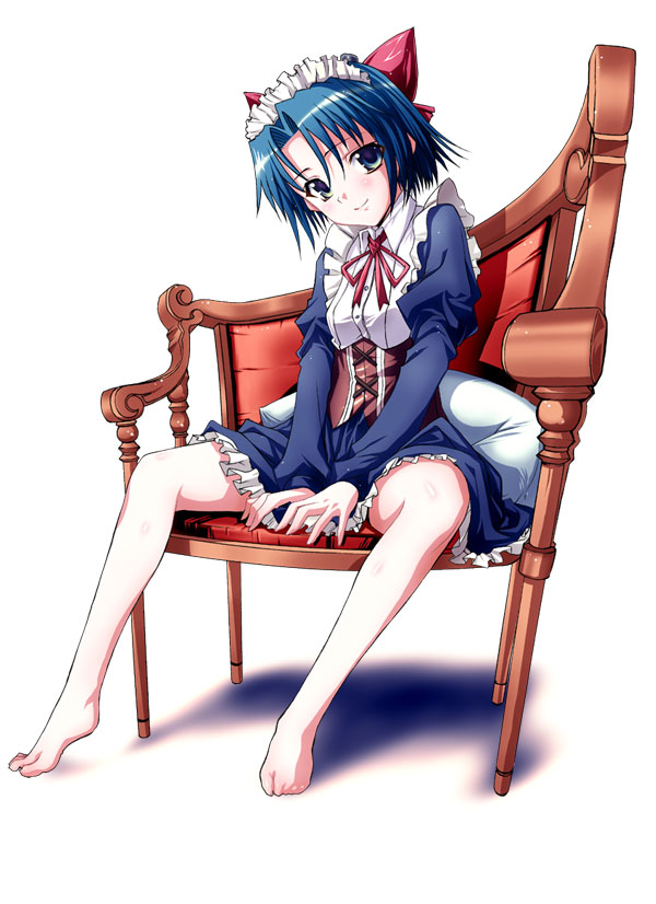 kantaka, original, 1girl, barefoot, chair, feet, female focus, maid, on chair, solo
