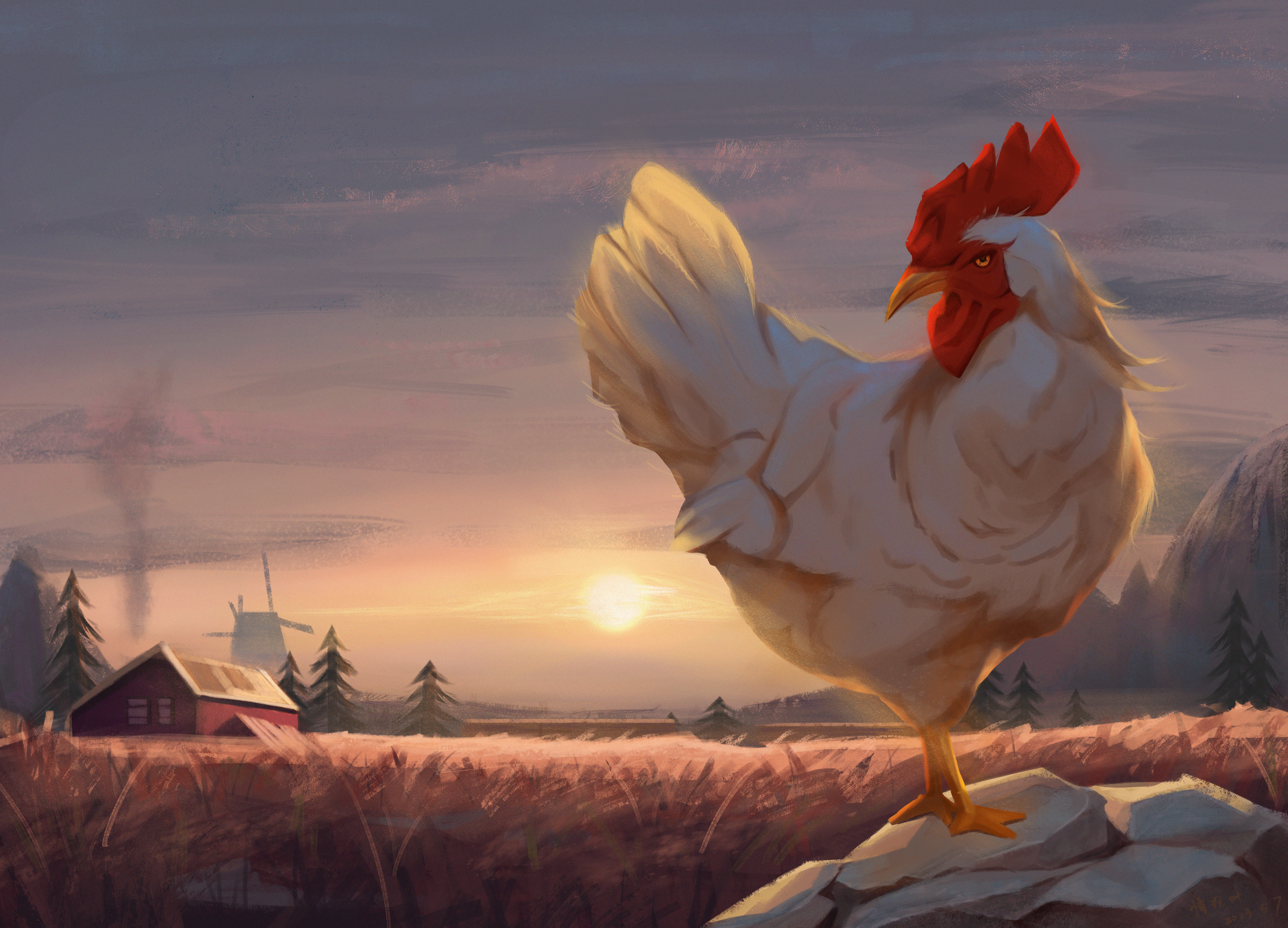 qingli ye, original, absurdres, highres, animal, animal focus, bird, building, chicken, mountain, no humans, outdoors, scenery, sun, tree