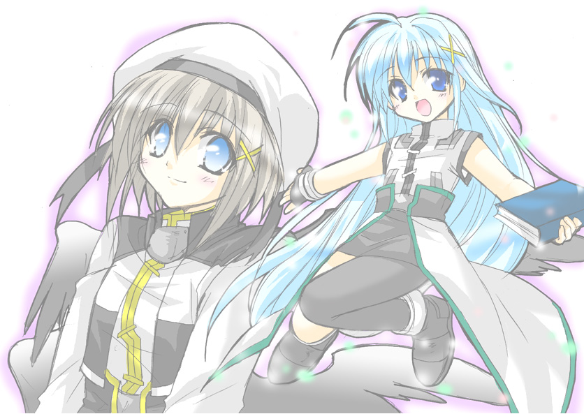 minazoi kuina, reinforce zwei, yagami hayate, lyrical nanoha, mahou shoujo lyrical nanoha, mahou shoujo lyrical nanoha a's, silver hair, 00s, 2girls, ahoge, blue eyes, blue hair, blush, book, capelet, collar, fingerless gloves, full body, gloves, hair between eyes, hair ornament, head tilt, long hair, looking at viewer, mini person, minigirl, multiple girls, short hair, smile, very long hair, vest, waist cape, wings, x hair ornament
