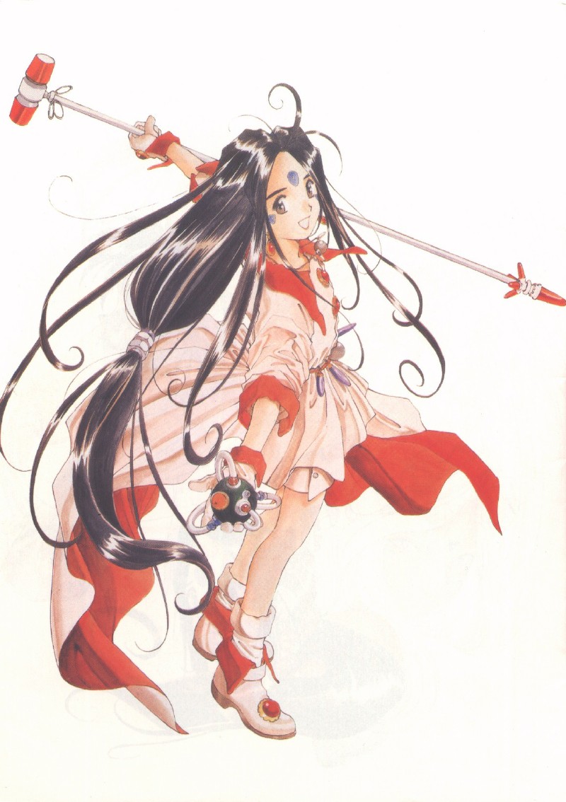 fujishima kousuke, skuld (aa megami-sama), aa megami-sama, scan, 1990s (style), 1girl, black hair, facial mark, female focus, forehead mark, gloves, hammer, long hair, low-tied long hair, retro artstyle, solo, very long hair
