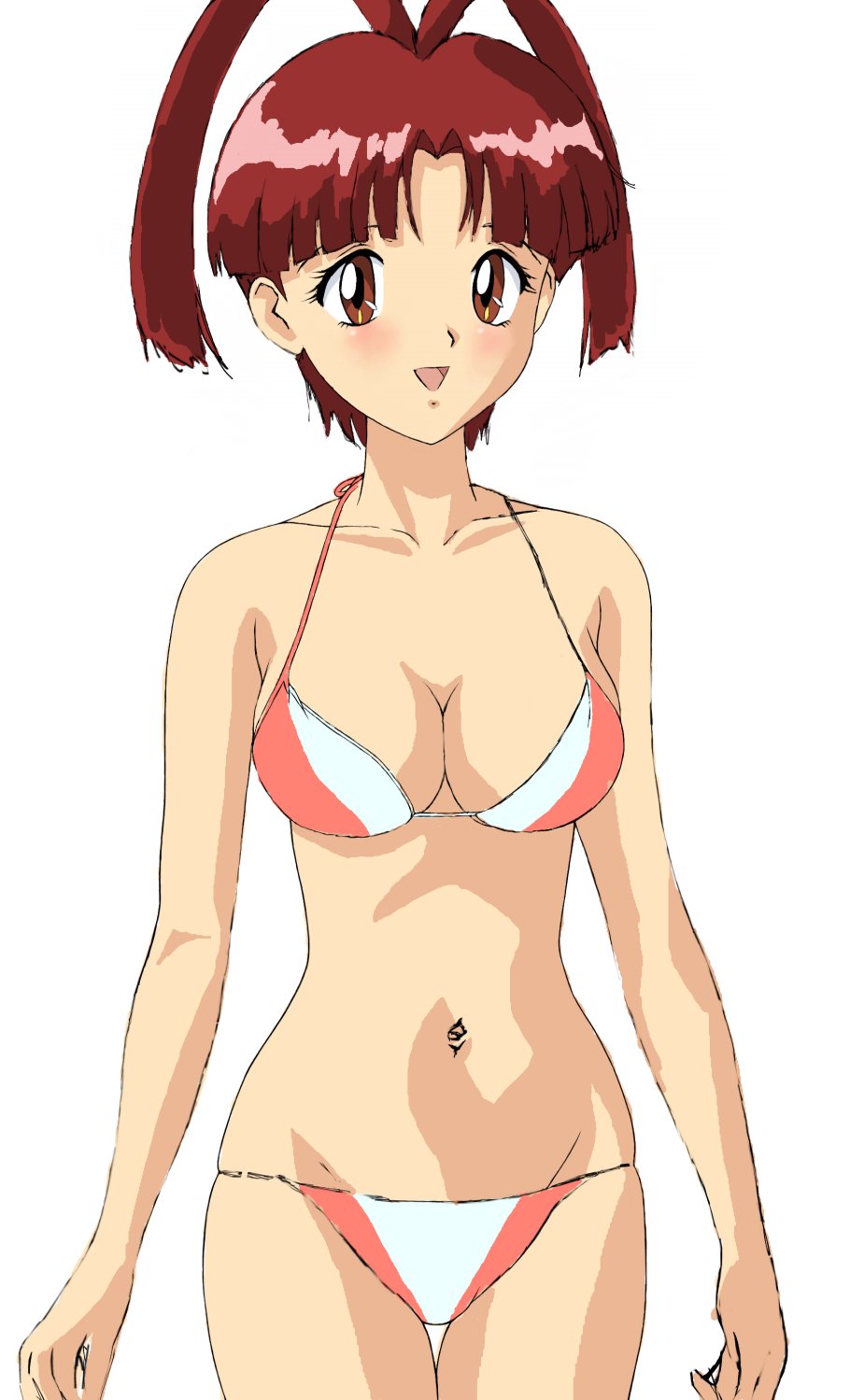 tsukiyo no ribbon, utsugi mikoto, yuusha ou gaogaigar, yuusha series, highres, 1990s (style), 1girl, bikini, blush, breasts, brown eyes, cleavage, collarbone, cowboy shot, female focus, flat color, looking at viewer, medium breasts, navel, open mouth, red hair, retro artstyle, short hair, simple background, smile, solo, standing, swimsuit, thigh gap, white background