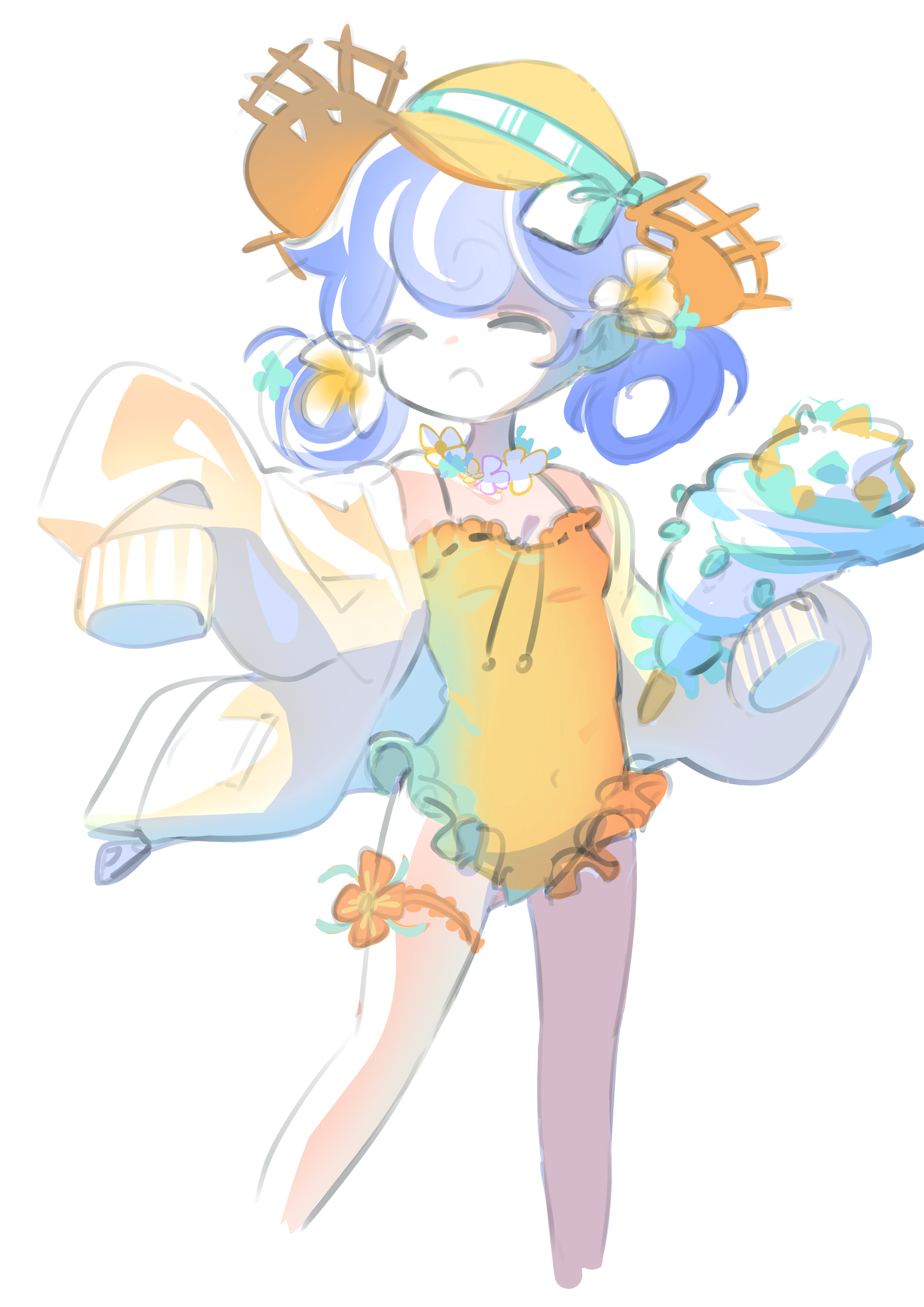 pic p p, milky way cookie, milky way cookie (conductor's summer getaway), cookie run, cookie run: kingdom, absurdres, highres, 1girl, :o, ^ ^, backlighting, bare legs, bare shoulders, bow, breasts, closed eyes, covered navel, cropped legs, double-parted bangs, facing to the side, flipped bangs, flower, flower necklace, frilled one-piece swimsuit, frilled thigh strap, frills, green bow, hair between eyes, hair flower, hair ornament, hair rings, hat, hat bow, holding seashell, humanization, jacket, jewelry, long sleeves, low twintails, medium hair, necklace, official alternate costume, official alternate hair length, official alternate hairstyle, one-piece swimsuit, open clothes, open jacket, open mouth, orange flower, orange hat, orange one-piece swimsuit, pale skin, puffy long sleeves, puffy sleeves, seashell, shell, simple background, sleeves past fingers, sleeves past wrists, small breasts, solo, sun hat, swimsuit, thigh strap, twintails, white background, white flower, white hair, white jacket
