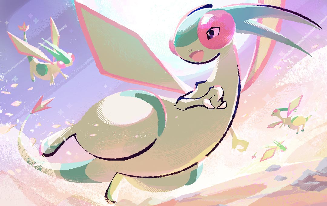 manodemarina, flygon, nintendo, pokemon, pokemon tcg, second-party source, fangs, flying, gen 3 pokemon, no humans, nostrils, open mouth, outdoors, pokemon (creature), pokemon focus, rock, sand, sky, smile, solo focus