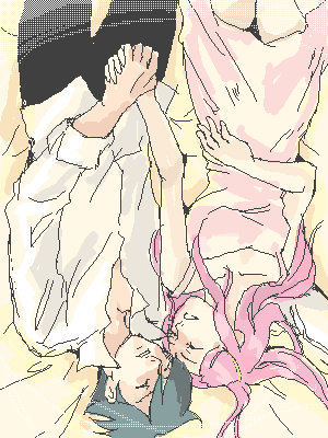 anemone (eureka seven), dominic sorel, eureka seven, eureka seven (series), lowres, 00s, 1boy, 1girl, ^ ^, bed sheet, closed eyes, collarbone, collared shirt, dakimakura (medium), dress, from above, green hair, heads together, hetero, holding hands, long hair, oekaki, pink dress, pink hair, shirt, smile, teeth, white shirt