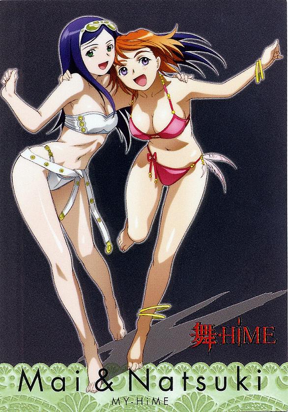 kuga natsuki, tokiha mai, my-hime, 00s, 2girls, anklet, bare shoulders, bikini, black background, blue hair, bracelet, breasts, character name, cleavage, collarbone, eyewear on head, green eyes, jewelry, large breasts, leaning forward, medium breasts, midriff, multiple girls, navel, orange hair, purple eyes, red bikini, running, short hair, side-tie bikini bottom, simple background, smile, strapless, strapless bikini, sunglasses, swimsuit, white bikini