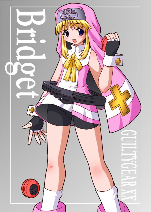 shishimaru ken'ya, bridget (guilty gear), arc system works, guilty gear, guilty gear xx, framed, habit, 1boy, :d, alternate color, bare shoulders, belt, belt skirt, bike shorts, black gloves, blonde hair, body blush, bulge, character name, copyright name, cross, cross print, cuffs, dress, fingerless gloves, gloves, gradient background, grey background, handcuffs, happy, hat, holding, kneehighs, legs apart, looking at viewer, machinery, male focus, mars symbol, nun, open mouth, pink dress, pink theme, purple eyes, ribbon, short dress, short hair with long locks, shorts, sidelocks, simple background, sleeveless, sleeveless dress, smile, socks, solo, standing, trap, turtleneck, white socks, wrist cuffs, yellow ribbon, yo-yo