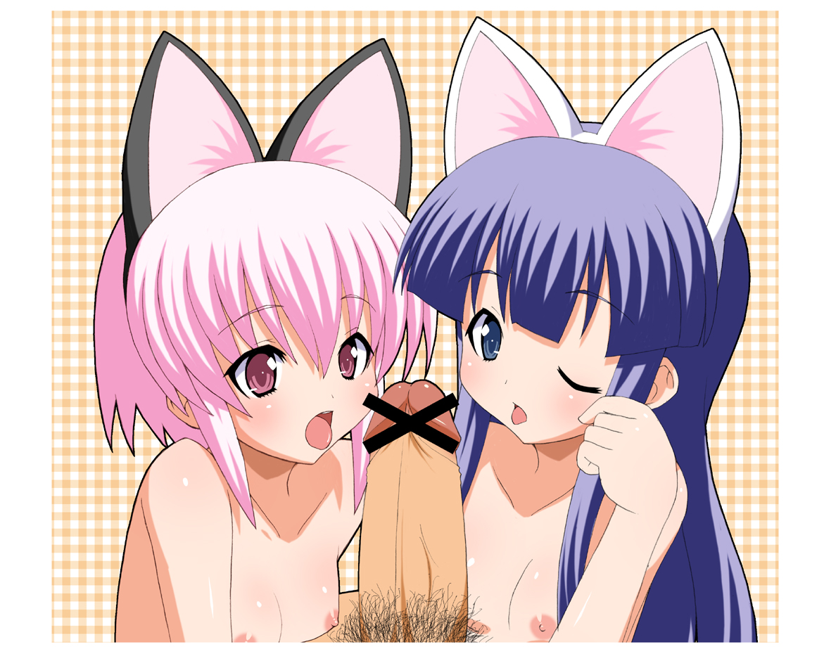 shishimaru ken'ya, artemis, artemis (tsukuyomi), hazuki (tsukuyomi), tsukuyomi moonphase, 00s, 2girls, :p, abstract background, animal ears, bar censor, blue eyes, blue hair, blush, breasts, cat ears, censored, cooperative fellatio, fellatio, flat chest, hetero, imminent fellatio, loli, long hair, male pubic hair, multiple girls, nipples, one eye closed, open mouth, oral, penis, pink eyes, pink hair, plaid background, pubic hair, red eyes, short hair, small breasts, teamwork, teamwork (sexual), thick outline, tongue, tongue out, wink