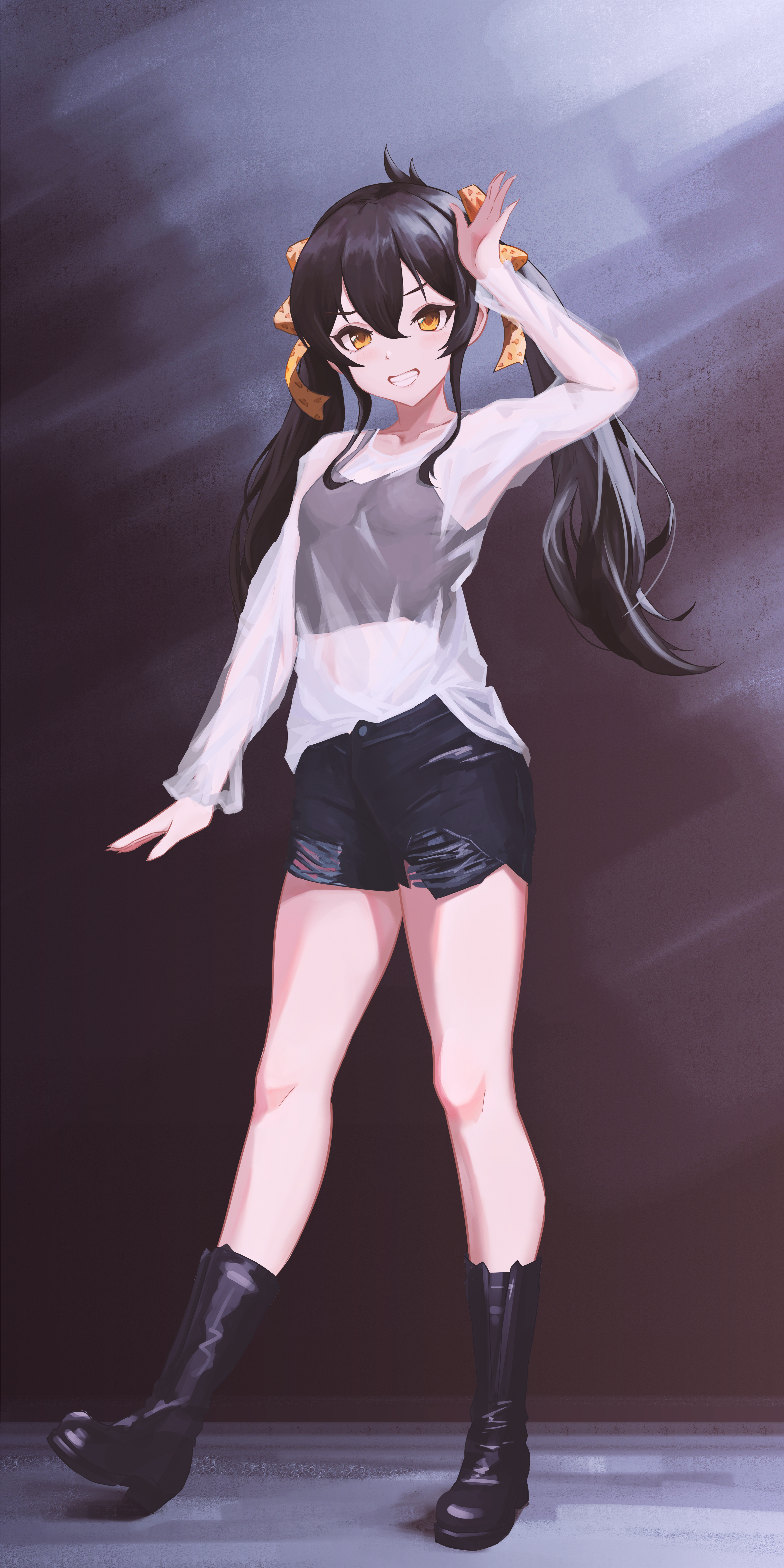 qingli ye, matoba risa, idolmaster, idolmaster cinderella girls, absurdres, highres, 1girl, arm up, black boots, black hair, black shorts, black tank top, boots, crop top, full body, grin, hair between eyes, long hair, long sleeves, looking at viewer, see-through clothes, see-through shirt, shirt, shorts, smile, solo, standing, tank top, twintails, yellow eyes