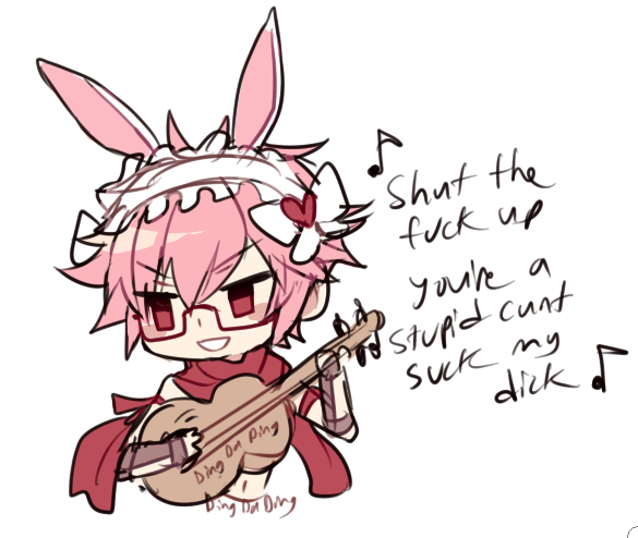 ranger (ragnarok online), ragnarok online, tvfilthyfrank, 1boy, acoustic guitar, animal ears, astrarunia, bow, english text, fake animal ears, glasses, guitar, hairband, heart, holding, holding guitar, holding instrument, instrument, looking afar, male focus, music, musical note, open mouth, pink hair, profanity, rabbit ears, red-framed eyewear, red eyes, red scarf, scarf, short hair, simple background, singing, smile, solo, upper body, white background, white bow, white hairband