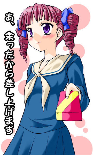 matsudaira touko, maria-sama ga miteru, translated, 00s, 1girl, female focus, gift, holding, holding gift, incoming gift, solo, tsundere, valentine