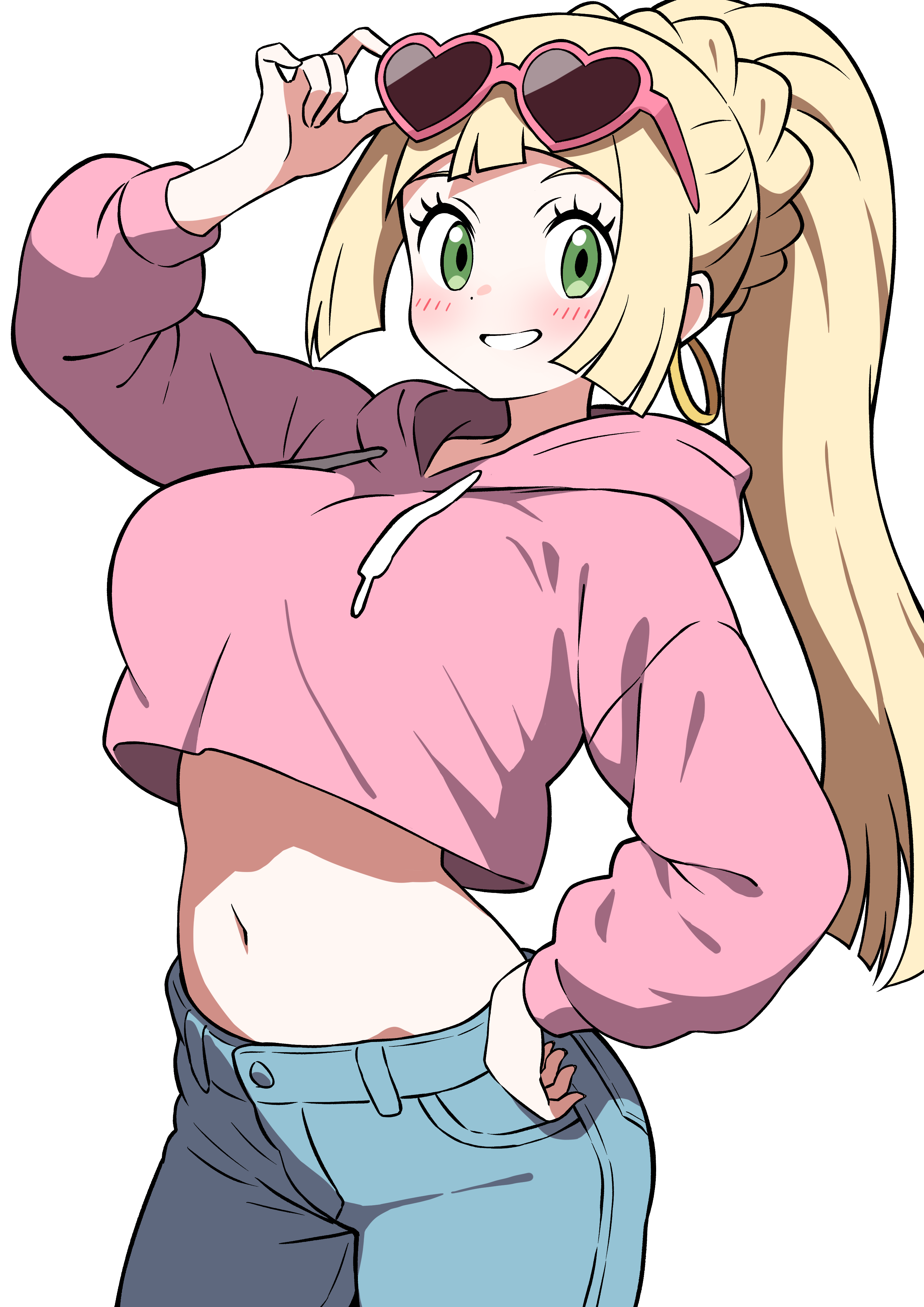 ecgg (tsuji418477), lillie (pokemon), nintendo, pokemon, pokemon sm, absurdres, commentary request, commission, highres, pixiv commission, 1girl, blonde hair, blue pants, denim, earrings, eyewear on head, green eyes, grin, heart, heart-shaped eyewear, hoop earrings, jacket, jeans, jewelry, long hair, long sleeves, looking at viewer, midriff, navel, pants, pink jacket, ponytail, simple background, smile, solo, sunglasses, white background