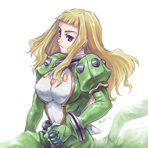 maruto!, haruka armitage, my-otome, lowres, 00s, 1girl, armor, blonde hair, breastplate, dress, expressionless, female focus, green dress, jewelry, neck ring, parted lips, purple eyes, simple background, solo, spikes, teeth, white background