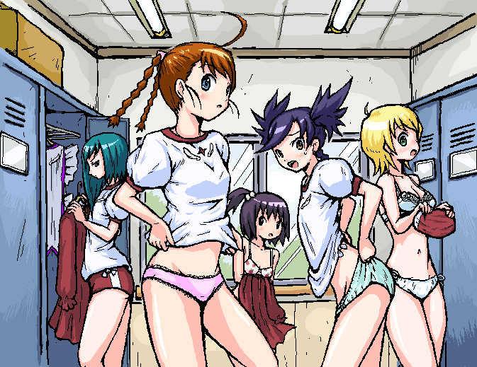 shirono, arika yumemiya, erstin ho, nina wang, tomoe marguerite, yayoi alter, my-otome, 00s, 5girls, ahoge, blonde hair, blush, bottomless, bra, buruma, dressing, green panties, gym uniform, lace, lace-trimmed panties, lace trim, lingerie, locker, locker room, multiple girls, no pants, oekaki, panties, pink panties, shirt, side-tie panties, standing, underwear, underwear only, undressing, white panties