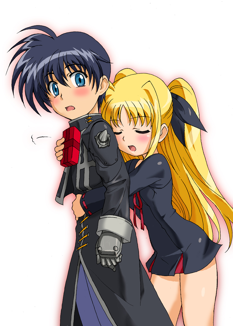 g-tetsu, chrono harlaown, fate testarossa, lyrical nanoha, mahou shoujo lyrical nanoha, mahou shoujo lyrical nanoha a's, 00s, 1boy, 1girl, :o, black hair, blonde hair, blue eyes, blush, closed eyes, couple, cowboy shot, dress, gauntlets, hair ribbon, hetero, hug, hug from behind, magical boy, open mouth, parted bangs, ribbon, shoulder spikes, simple background, spikes, valentine, white background