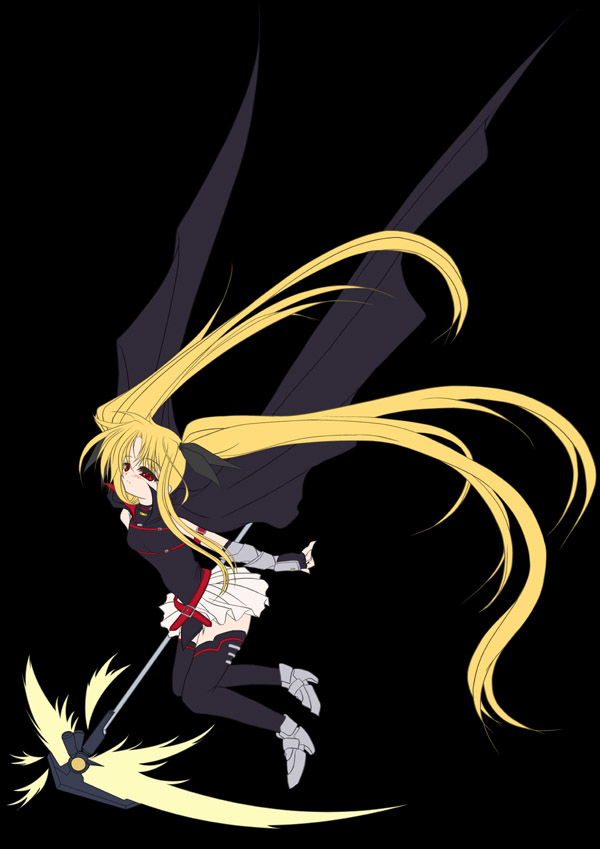 frapowa, bardiche (haken form) (nanoha), bardiche (nanoha), fate testarossa, fate testarossa (lightning form), lyrical nanoha, mahou shoujo lyrical nanoha, mahou shoujo lyrical nanoha a's, 00s, 1girl, blonde hair, dark, energy blade, female focus, long hair, miniskirt, scythe, skirt, solo, thighhighs, twintails, very long hair