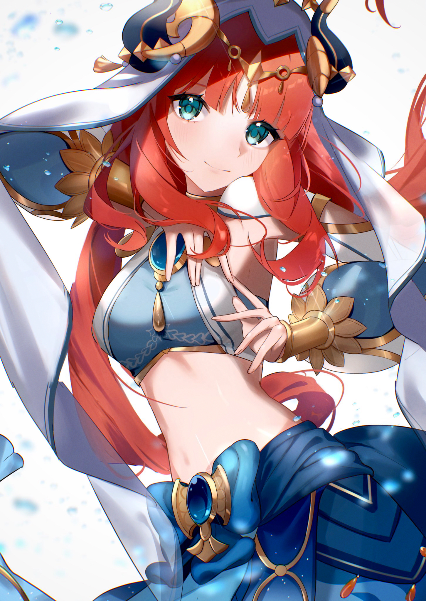 oyasumi (oyasumign8), nilou (genshin impact), genshin impact, commentary, highres, 1girl, aqua eyes, black horns, blue brooch, blue skirt, breasts, brooch, closed mouth, cowboy shot, crop top, fake horns, harem outfit, horns, jewelry, long hair, looking at viewer, medium breasts, midriff, navel, red hair, simple background, skirt, smile, solo, veil, white background, white veil