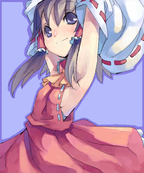 mikage sekizai, hakurei reimu, touhou, 1girl, armpits, blue background, female focus, hair tubes, solo