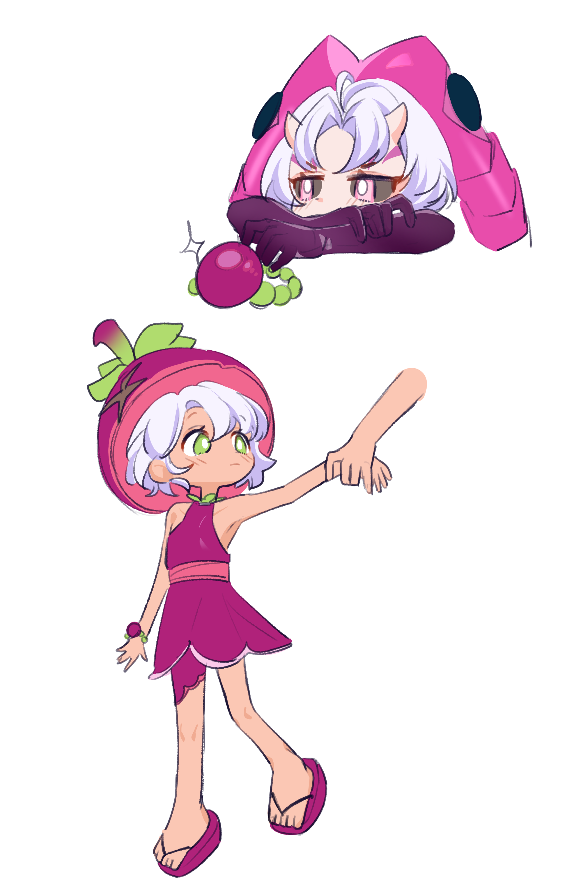 pic p p, lychee dragon cookie, cookie run, cookie run: ovenbreak, absurdres, highres, 3others, ahoge, alternate skin color, bare arms, bare shoulders, bead bracelet, beads, black sclera, bracelet, bright pupils, closed mouth, colored sclera, cropped head, crossed arms, demon horns, dress, dual persona, elbow gloves, food-themed hat, full body, gloves, green eyes, hair between eyes, hat, holding bracelet, holding hands, horns, humanization, jewelry, looking at another, looking to the side, mangosteen cookie, multiple others, other focus, pink dress, pink eyes, pink hat, pink sandals, purple gloves, sandals, short dress, short hair, simple background, skin-covered horns, sleeveless, sleeveless dress, sparkle, standing, toes, v-shaped eyebrows, white background, white hair, white pupils
