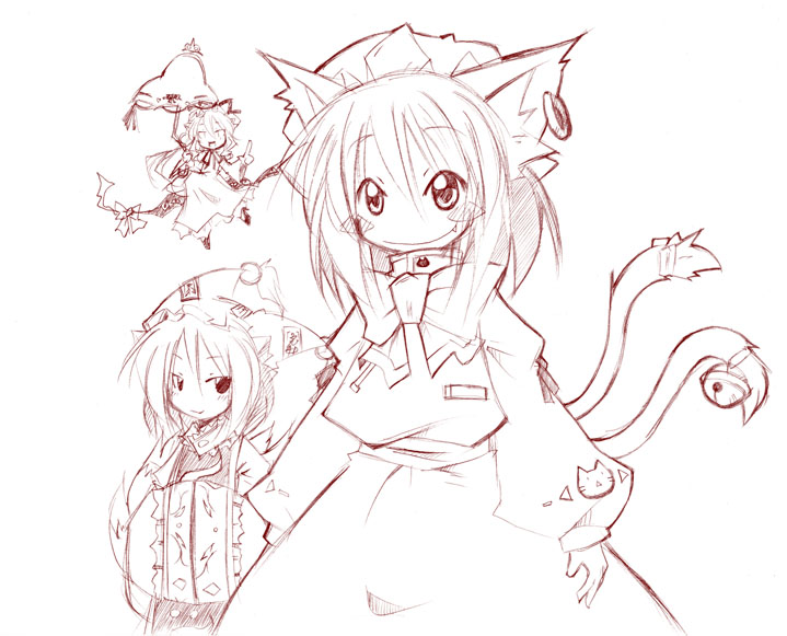 mogito, chen, yakumo ran, yakumo yukari, touhou, 3girls, animal ears, animal hat, bell, cat ears, cat girl, cat tail, earrings, fang, female focus, gap (touhou), hands in opposite sleeves, hat, jewelry, long sleeves, mob cap, monochrome, multiple girls, multiple tails, red theme, short hair, single earring, tail, tail bell, tail ornament, twintails, umbrella, white background, wide sleeves