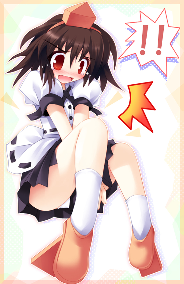 ai takurou, shameimaru aya, touhou, looking away, !, 1girl, blouse, blush, brown hair, covering crotch, covering privates, embarrassed, female focus, geta, hat, miniskirt, open mouth, panties, pantyshot, red eyes, ribbon, shirt, short hair, sitting, skirt, skirt tug, socks, solo, surprised, tears, tengu-geta, tokin hat, underwear, upskirt, white panties