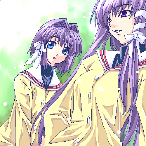 ichino, fujibayashi kyou, fujibayashi ryou, clannad, lowres, 00s, 2girls, :d, blazer, blue eyes, buttons, hair ribbon, jacket, looking at viewer, multiple girls, oekaki, open mouth, purple eyes, purple hair, ribbon, school uniform, shirt, siblings, sisters, smile, twins, upper body, yellow shirt