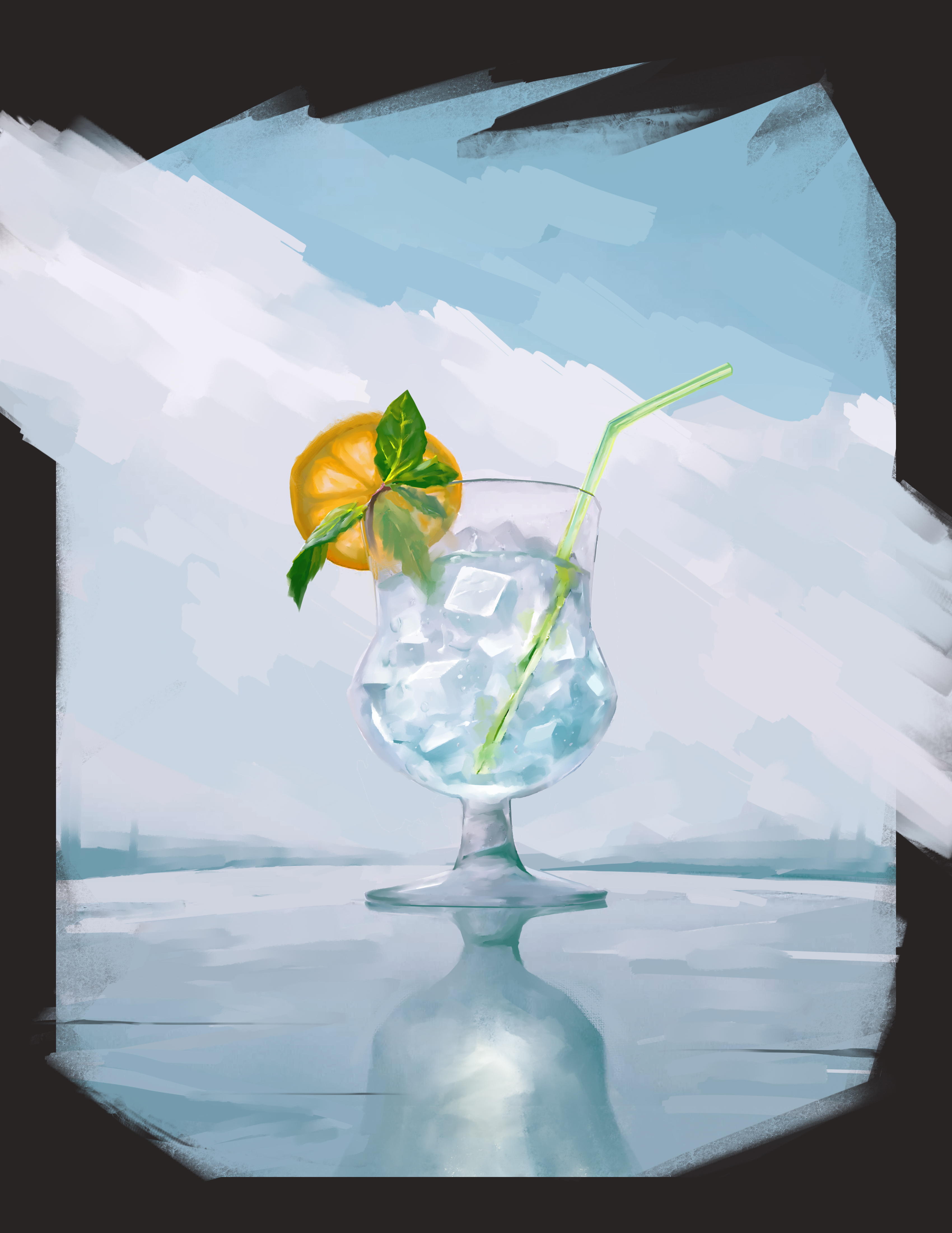 qingli ye, original, absurdres, highres, cup, drink, drinking glass, drinking straw, food, fruit, ice, ice cube, lemon, lemon slice, no humans, reflective surface, soda, still life