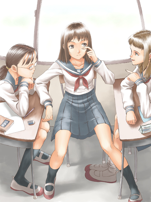 arimura yuu, original, black legwear, 3girls, classroom, indoors, long hair, multiple girls, pleated skirt, school, school uniform, serafuku, sitting, skirt, socks
