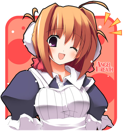 mizoguchi keiji, gabriel, gabriel (angel breath), angel breath, striped, lowres, 1girl, ;d, ^^^, ahoge, antenna hair, apron, blush, brown hair, bun cover, buttons, copyright name, double bun, female focus, frills, hair between eyes, hair bun, head tilt, looking at viewer, maid, maid apron, one eye closed, open mouth, orange hair, polka dot, polka dot background, purple eyes, ribbon, short hair, sidelocks, smile, solo, strap slip, upper body, wink