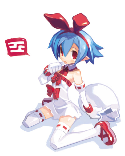 harada takehito, pleinair, disgaea, original, lowres, 1girl, :p, arched back, bag, bare shoulders, blue hair, detached collar, dress, elbow gloves, female focus, full body, gloves, hair ribbon, looking at viewer, pointy ears, red eyes, red shoes, ribbon, ribbon-trimmed legwear, ribbon trim, shoes, short dress, short hair, simple background, sitting, solo, strapless, strapless dress, thighhighs, tongue, tongue out, wariza, white background, white gloves, white thighhighs, zettai ryouiki