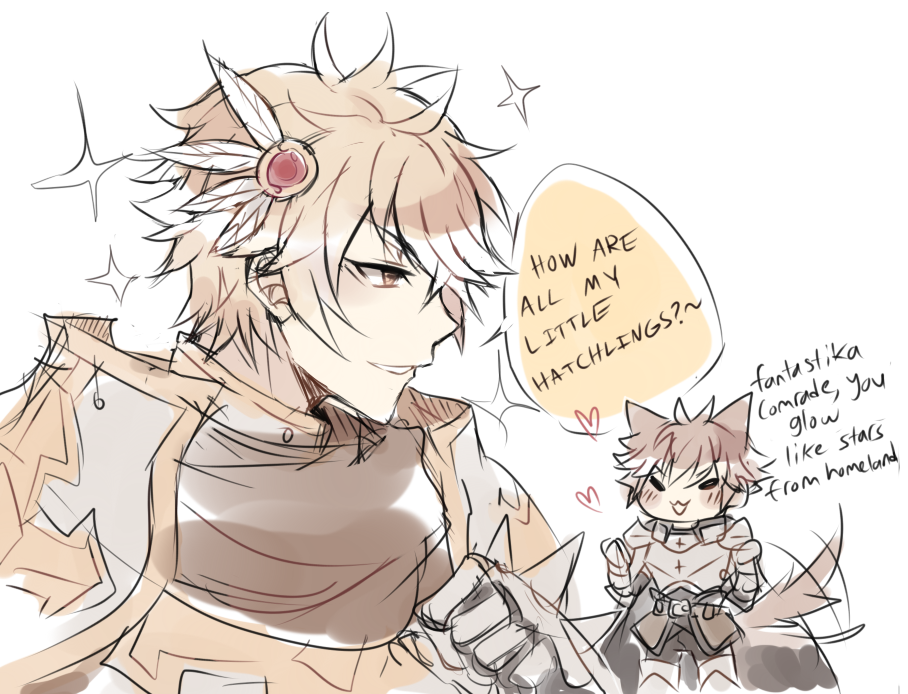 lord knight (ragnarok online), paladin (ragnarok online), ragnarok online, commentary, english commentary, 2boys, :3, animal ears, armor, astrarunia, black cape, blonde hair, breastplate, brown cape, brown hair, cape, cross, dog boy, dog ears, dog tail, english text, feather hair ornament, feathers, hair ornament, multiple boys, open mouth, pauldrons, short hair, shoulder armor, simple background, smile, sparkle, tail, upper body, white background, yellow eyes