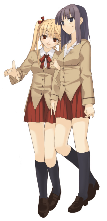 piyodera mucha, sawachika eri, suou mikoto (school rumble), school rumble, 00s, 2girls, long hair, multiple girls, pleated skirt, school uniform, serafuku, simple background, skirt, socks, white background