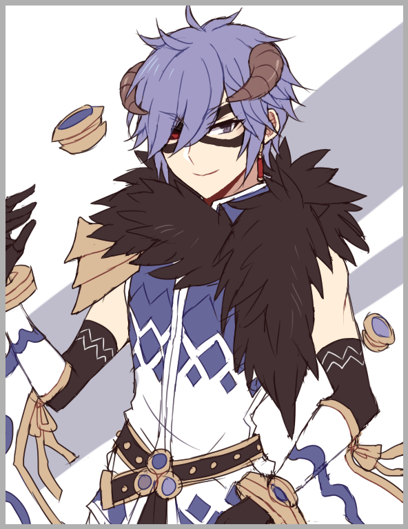sorcerer (ragnarok online), ragnarok online, 1boy, 2boys, argyle clothes, argyle shirt, astrarunia, bangle, black gloves, black pants, blue hair, border, bracelet, brown horns, closed mouth, detached sleeves, earrings, elbow gloves, eye mask, fur collar, gloves, grey border, hair between eyes, heterochromia, horns, jewelry, long bangs, looking at viewer, male focus, multiple boys, pants, purple eyes, red eyes, shirt, short hair, smile, solo, upper body, white background, white shirt, white sleeves