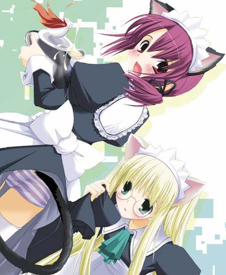 nakajima yuka, 2girls, animal ears, apron, ass, blonde hair, blue panties, blush, bow, cat ears, cat tail, clothes lift, digital underground, dress, dress lift, dutch angle, glasses, green eyes, headdress, large bow, lingerie, maid, maid apron, multiple girls, panties, petticoat, purple hair, red eyes, ribbon, standing, striped clothes, striped panties, tail, thighhighs, underwear, white thighhighs
