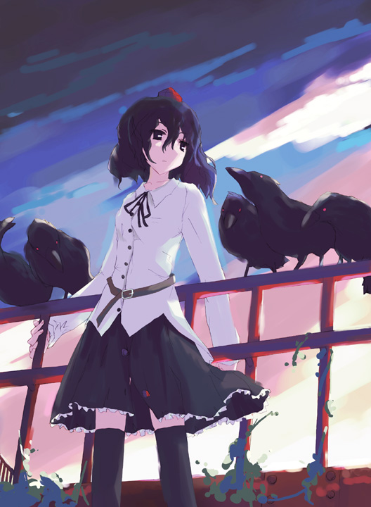 takanashi akihito, shameimaru aya, touhou, looking away, 1girl, belt, bird, black dress, black hair, black thighhighs, dress, expressionless, female focus, hair between eyes, hat, short hair, solo, thighhighs, tokin hat