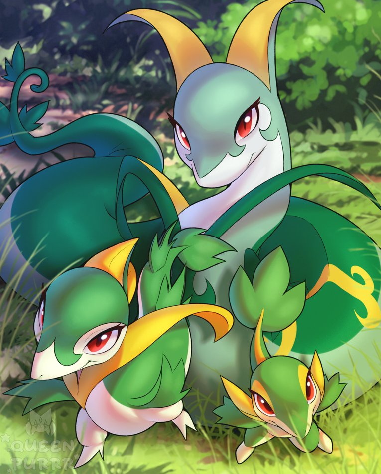 queen purrr, serperior, servine, snivy, nintendo, pokemon, animal focus, artist name, closed mouth, day, evolutionary line, full body, gen 5 pokemon, grass, green theme, looking at viewer, no humans, outdoors, pokemon (creature), red eyes, standing, watermark