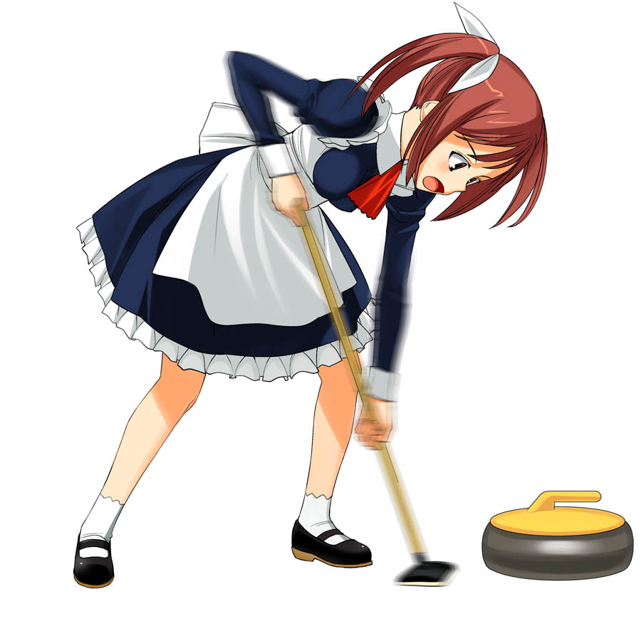 a1 (initial-g), 1girl, brown eyes, brown hair, curling, curling stone, female focus, leaning forward, maid, motion blur, open mouth, simple background, solo, twintails, white background