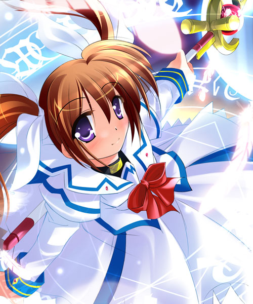 raising heart, takamachi nanoha, lyrical nanoha, mahou shoujo lyrical nanoha, 00s, 1girl, bad anatomy, brown hair, dress, feathers, female focus, magic circle, purple eyes, quality, ribbon, solo